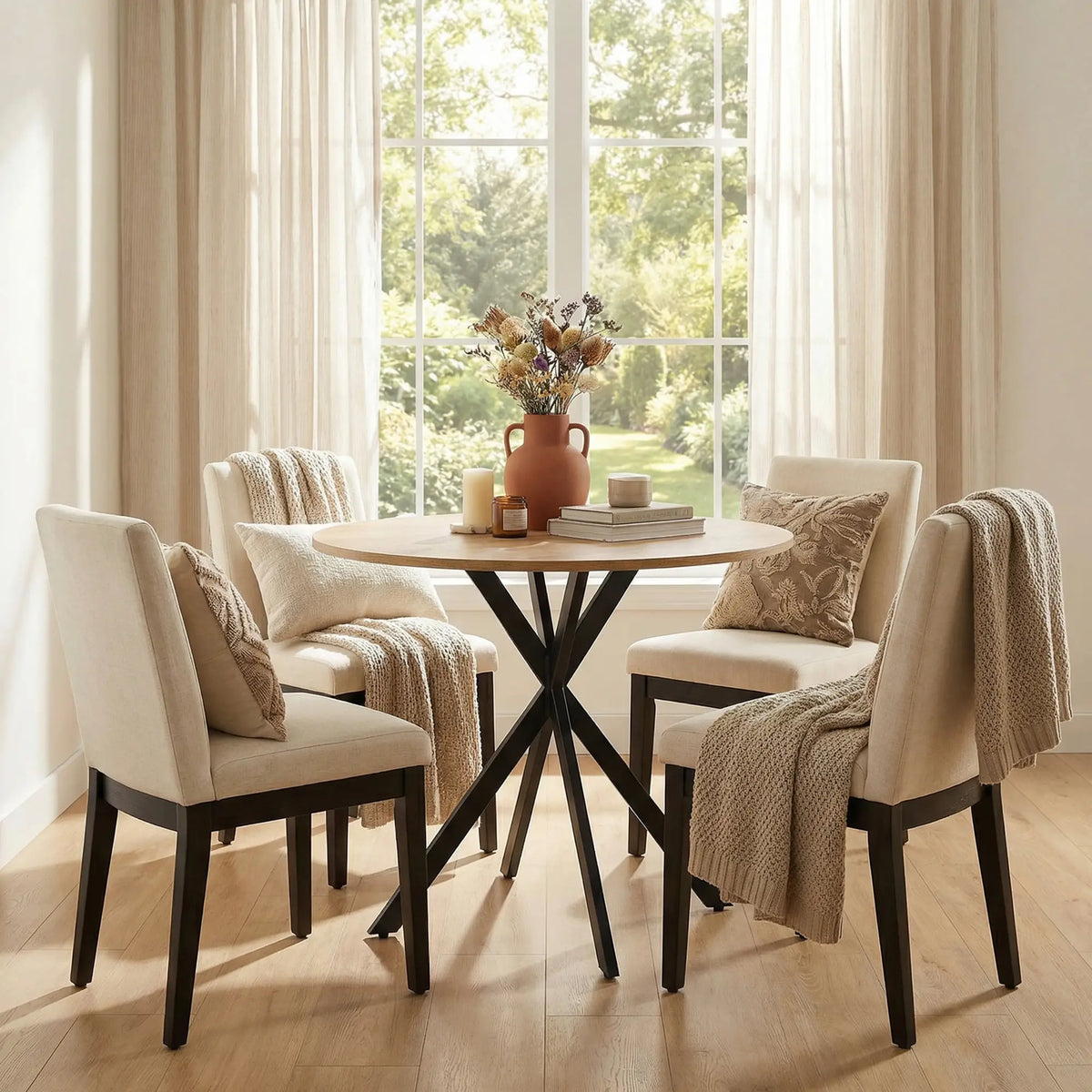 Industrial Round Dining Table with Cross Legs Oak