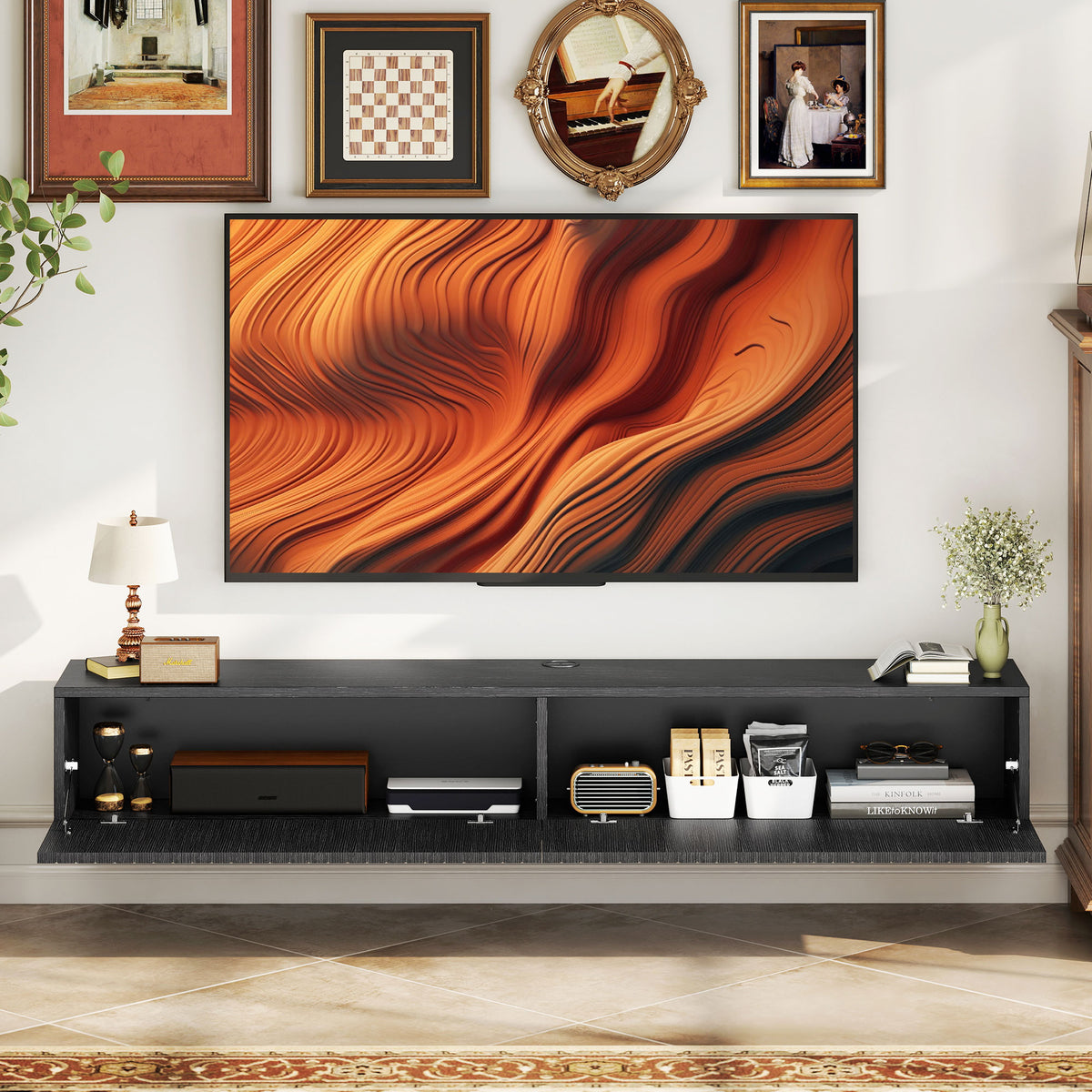 Black Fluted 140cm Floating TV Stand with Flip Cabinets