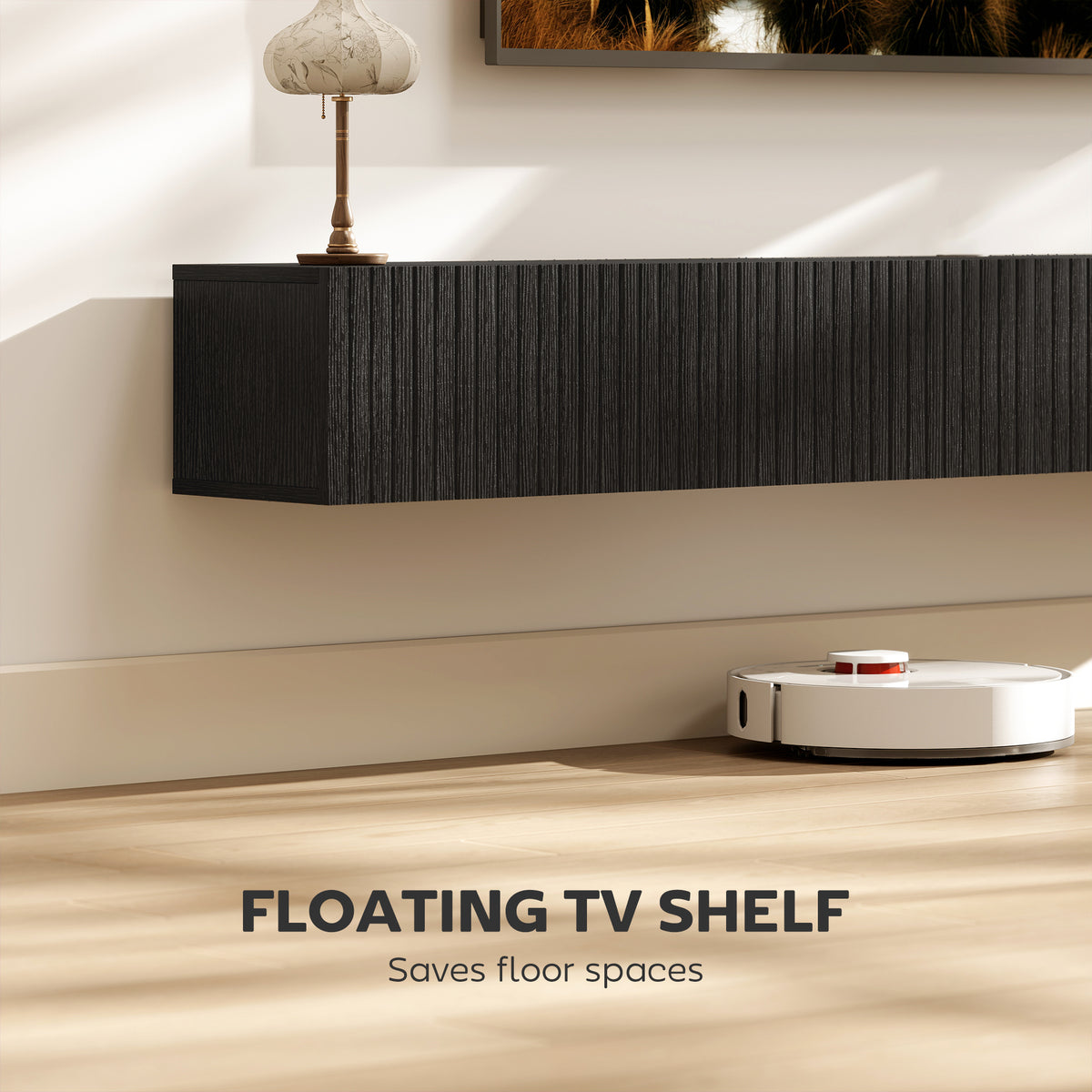 Black Fluted Floating TV Stand with Cable Management