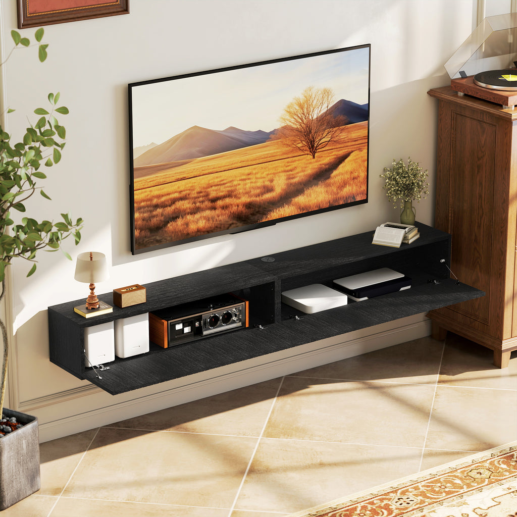 Black Fluted Floating TV Stand with Cable Management