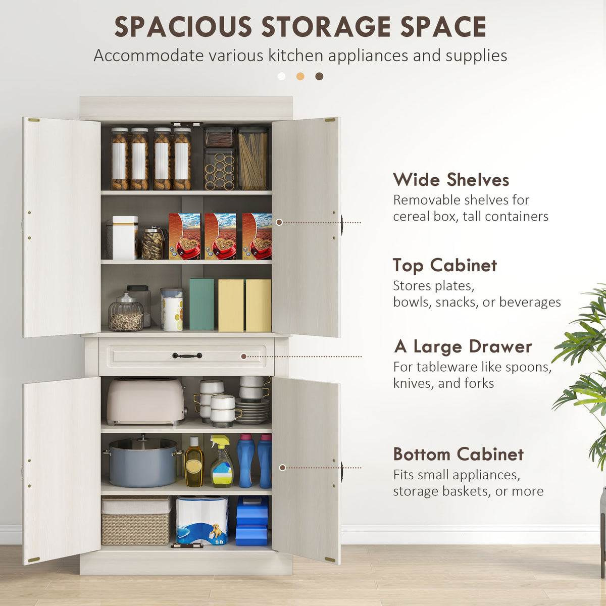 Tall Kitchen Cupboard with Drawer and Dual Cabinet Storage Cream White
