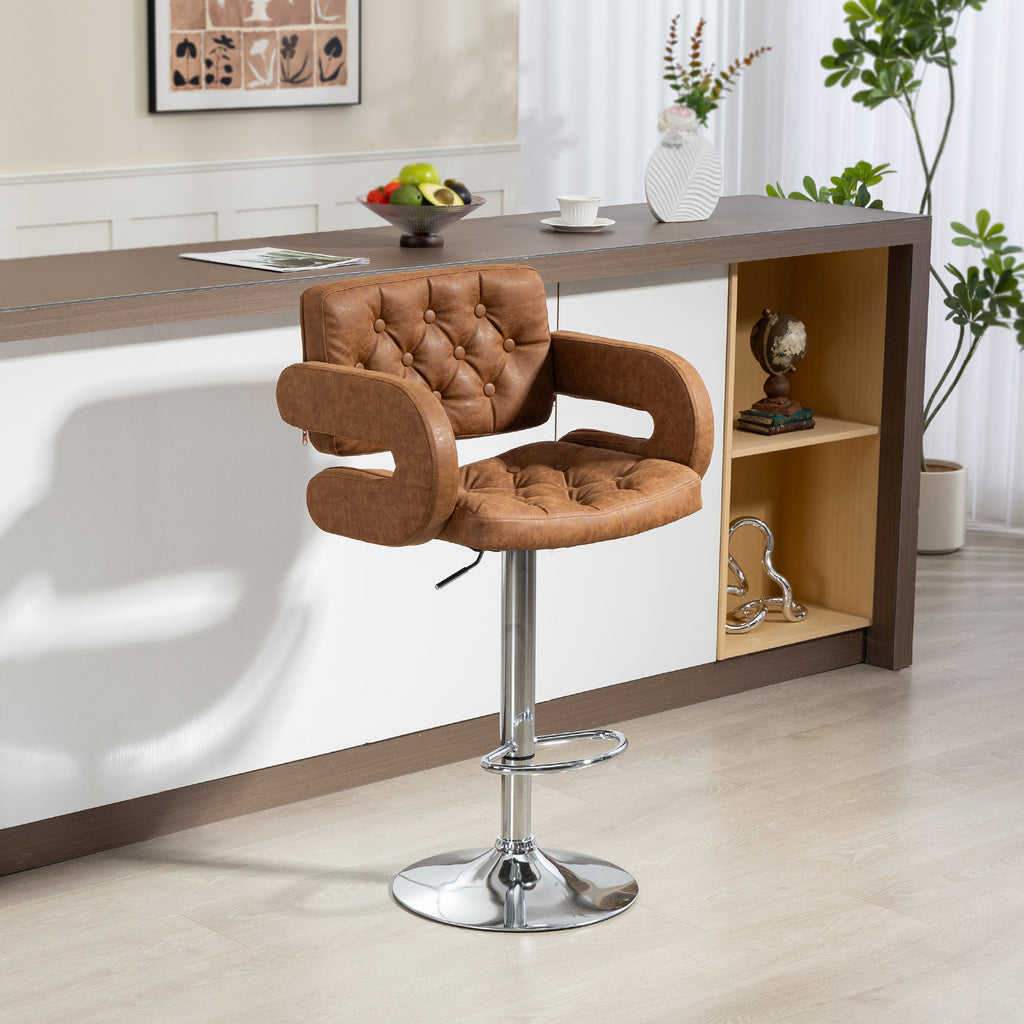 PU Leather Swivel Bar Stool with Backrest and Footrest - Brown
