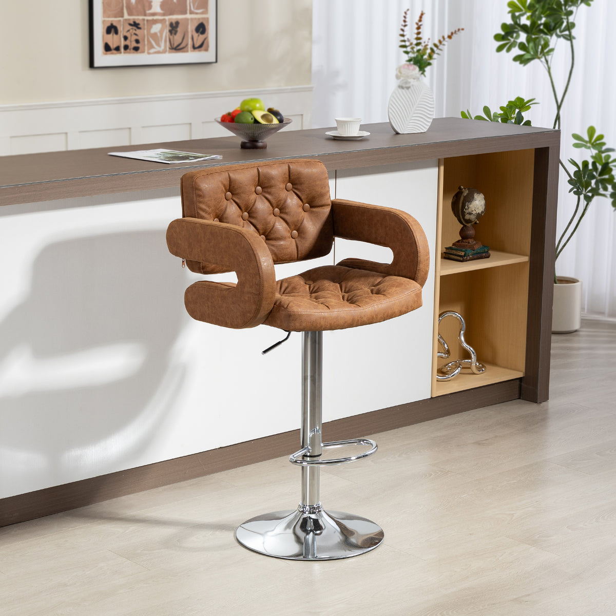 PU Leather Swivel Bar Stool with Backrest and Footrest - Brown