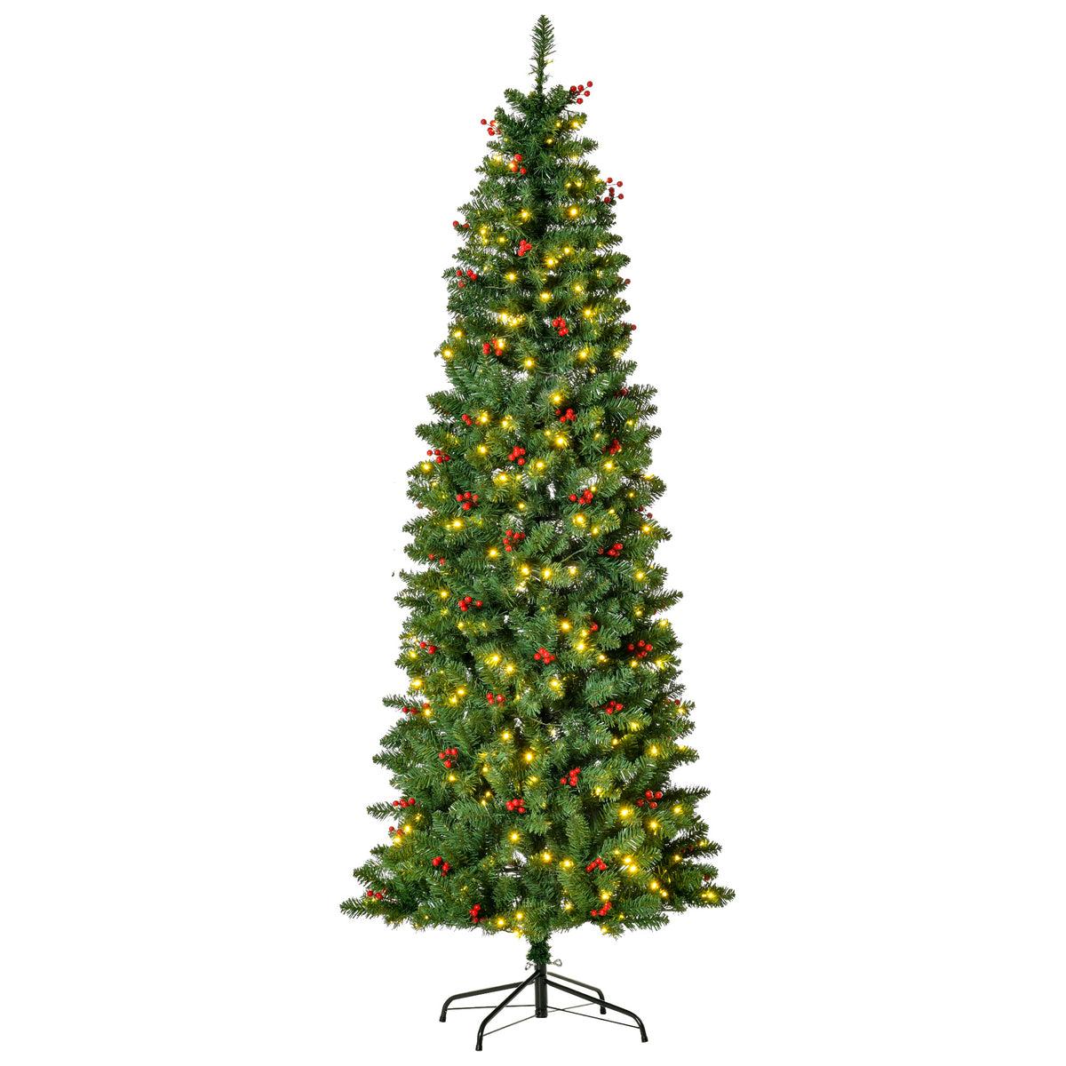 7 Foot Prelit Artificial Pencil Christmas Tree with Warm White LED Lights and Red Berries
