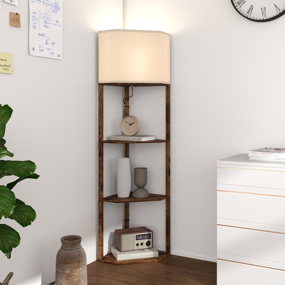 Corner Design Floor Lamp with Shelves and Pull Chain Switch