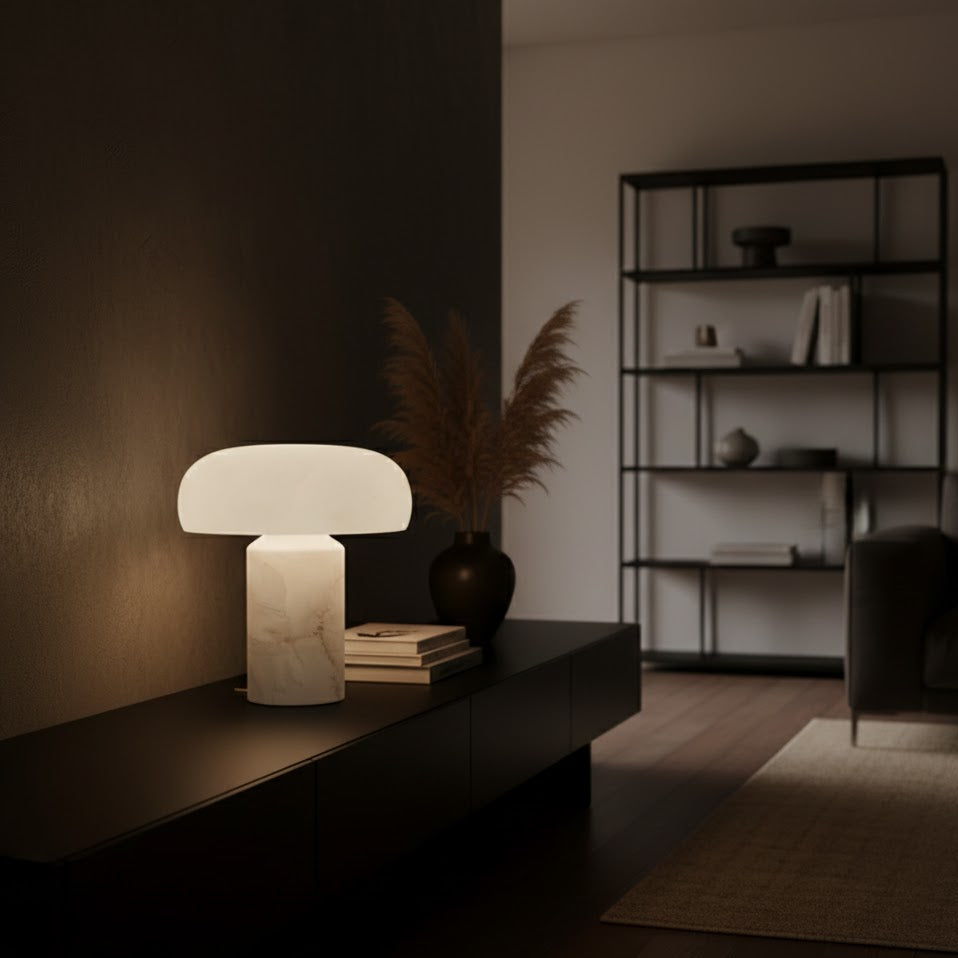 Modern Alabaster Table Lamp with Stone Shade Warm Ambient Lighting