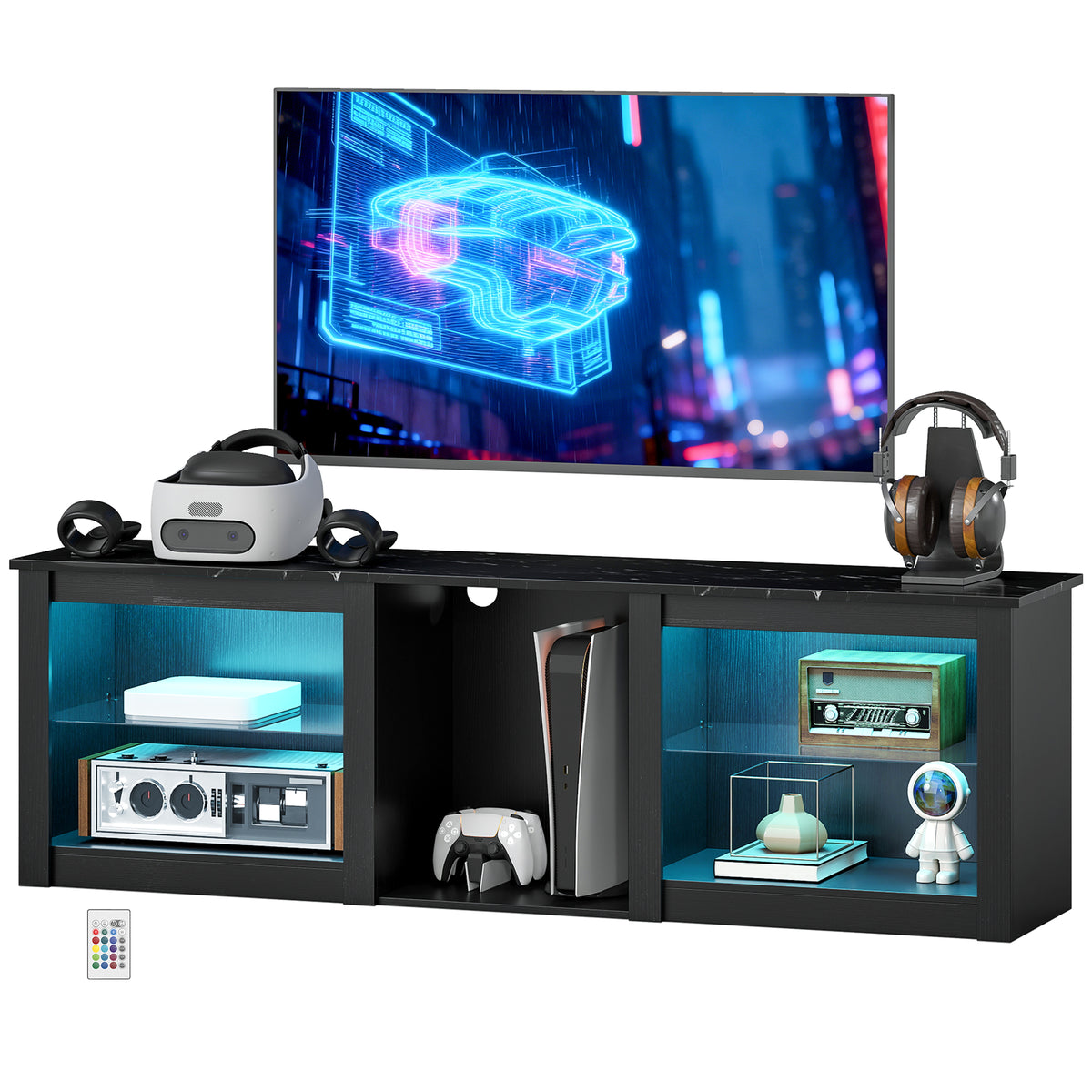 Black TV Stand with RGB LED Lights and Glass Shelves