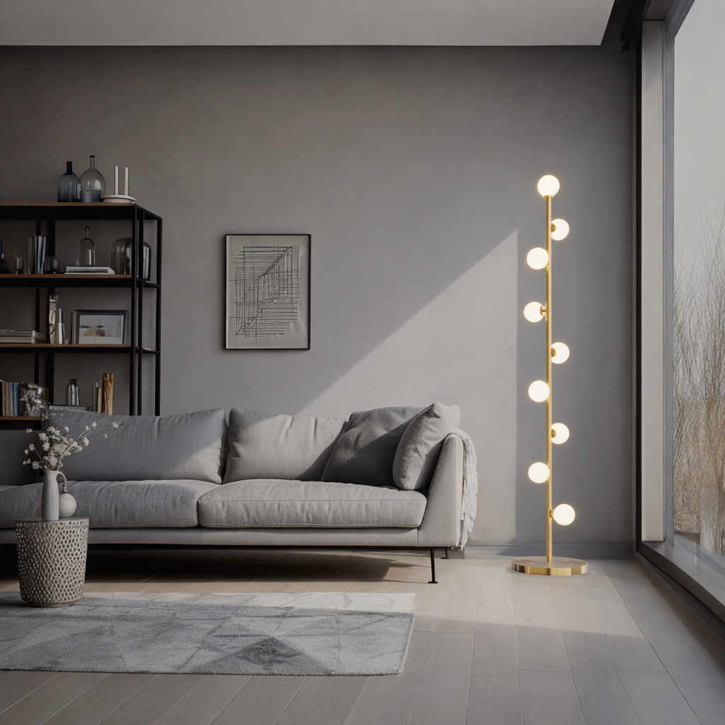Nordic Pearl Floor Lamp with Gold Stem and Frosted Glass Globes