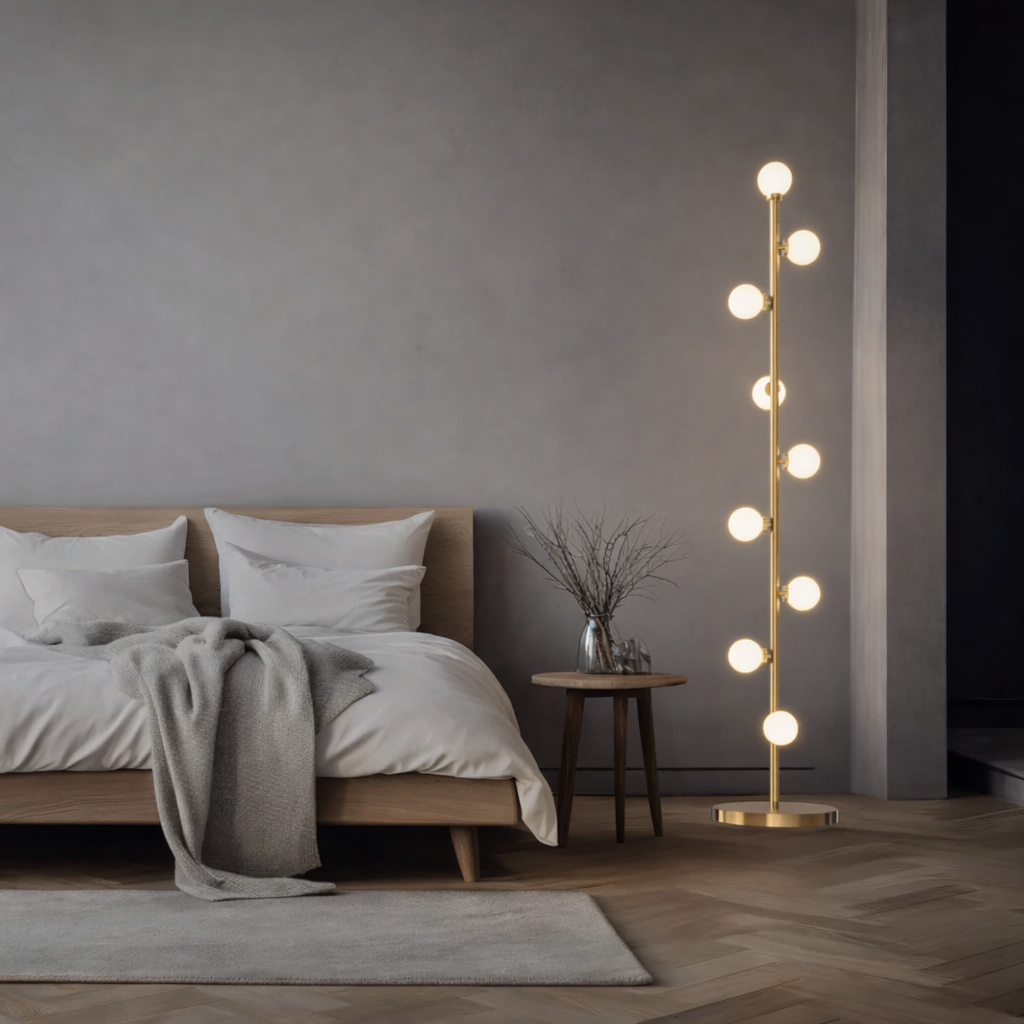 Nordic Pearl Floor Lamp with Gold Stem and Frosted Glass Globes