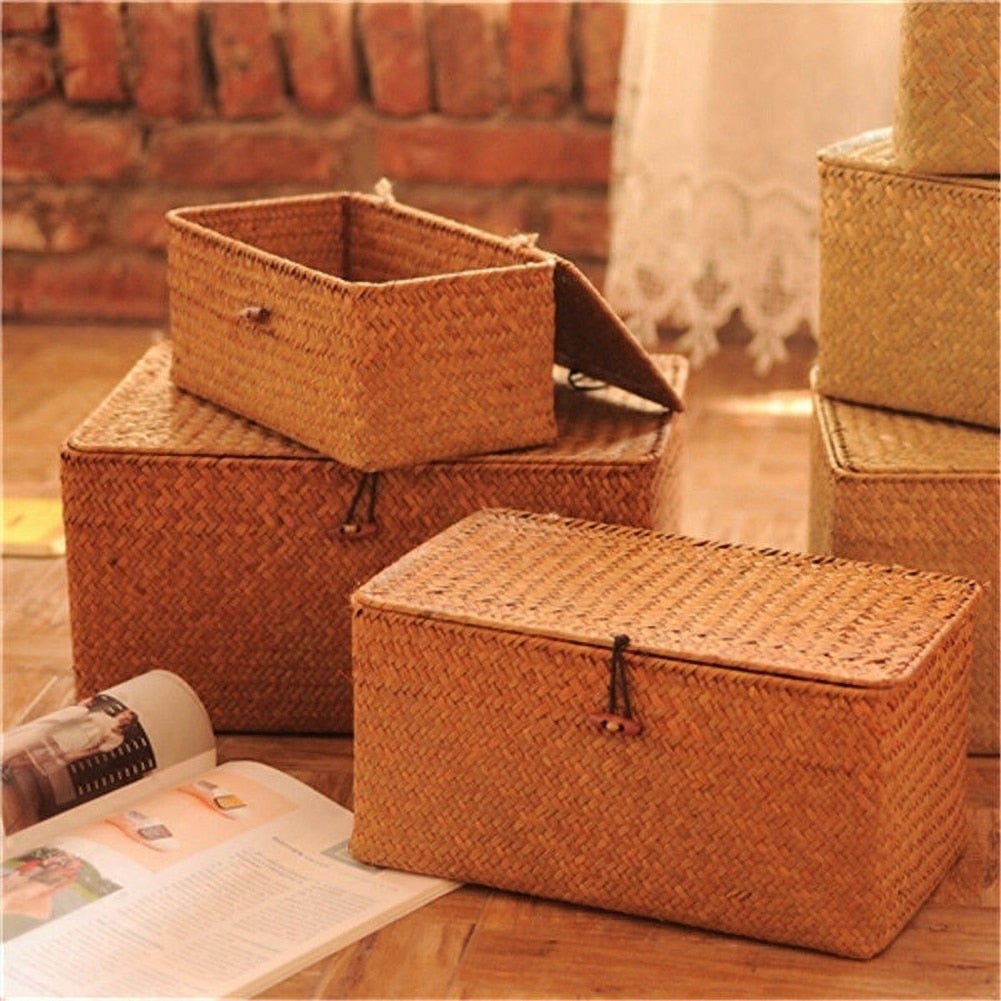 Handwoven Rattan Storage Box with Lid Modern Home Storage