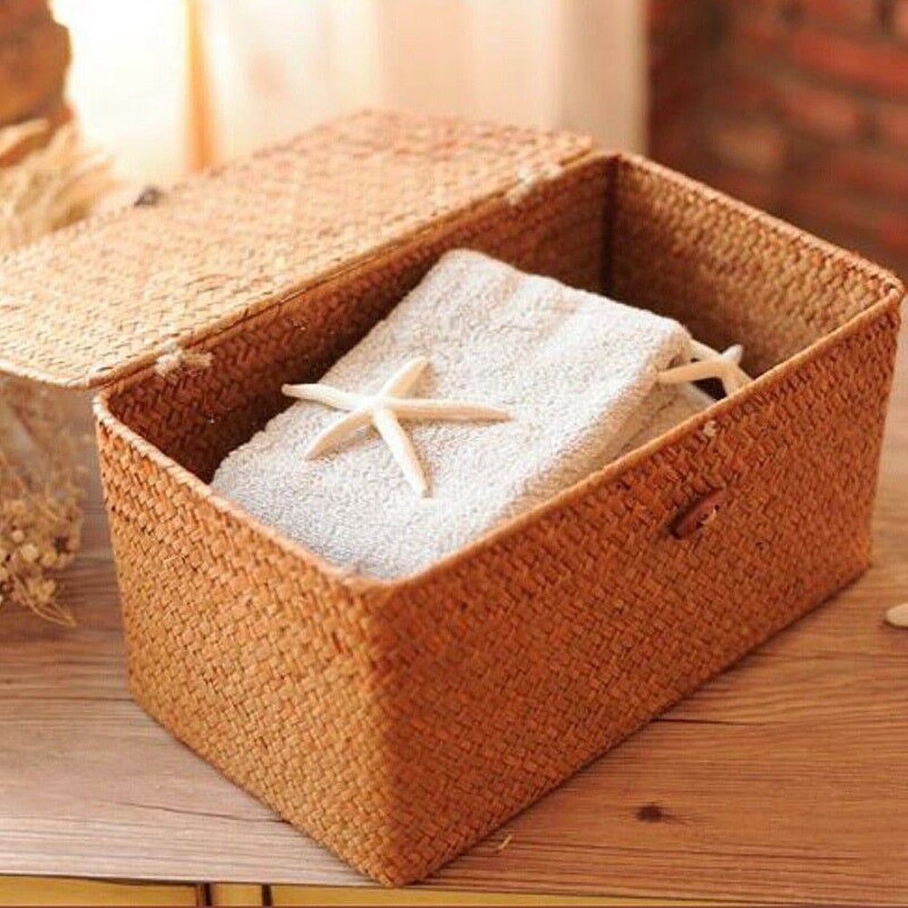 Handwoven Rattan Storage Box with Lid Modern Home Storage