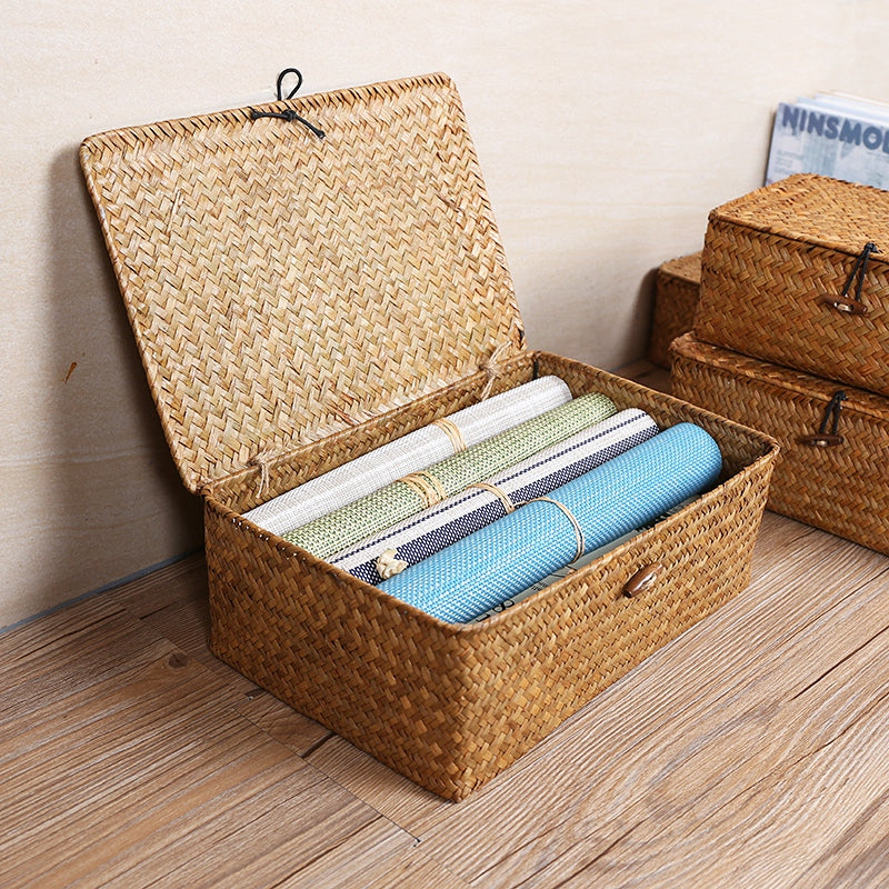 Handwoven Rattan Storage Box with Lid Modern Home Storage