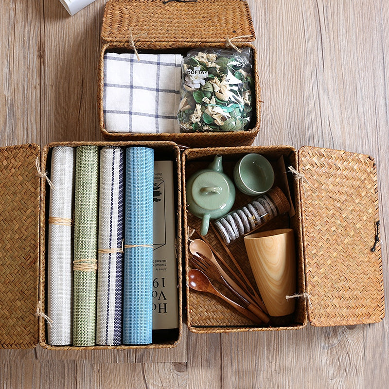 Handwoven Rattan Storage Box with Lid Modern Home Storage