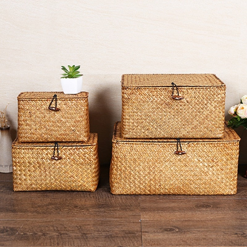 Handwoven Rattan Storage Box with Lid Modern Home Storage