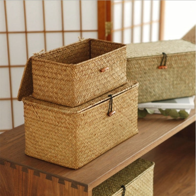 Handwoven Rattan Storage Box with Lid Modern Home Storage