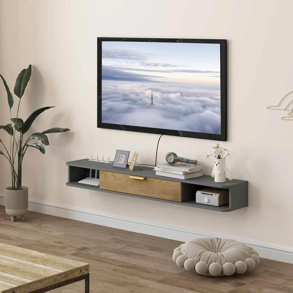 Charcoal Grey Floating TV Cabinet with Cable Management