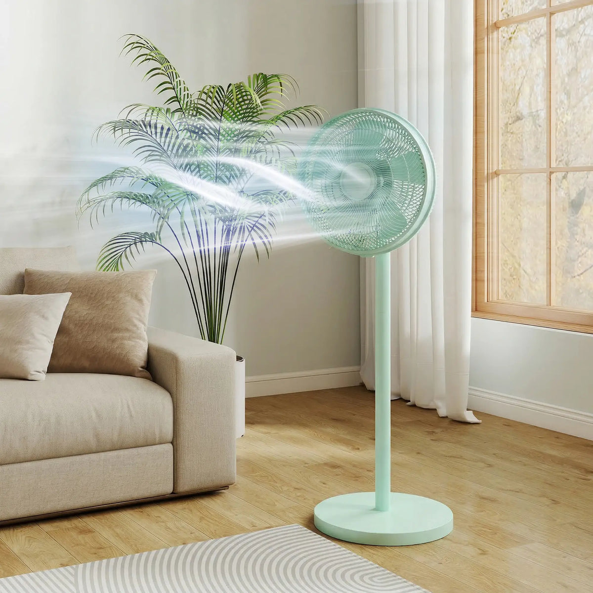 Standing Floor Fan with Adjustable Height and 80 Degree Oscillation Green