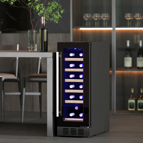 19-Bottle Built-In Wine Fridge with Wooden Racks and UV Glass Door Black