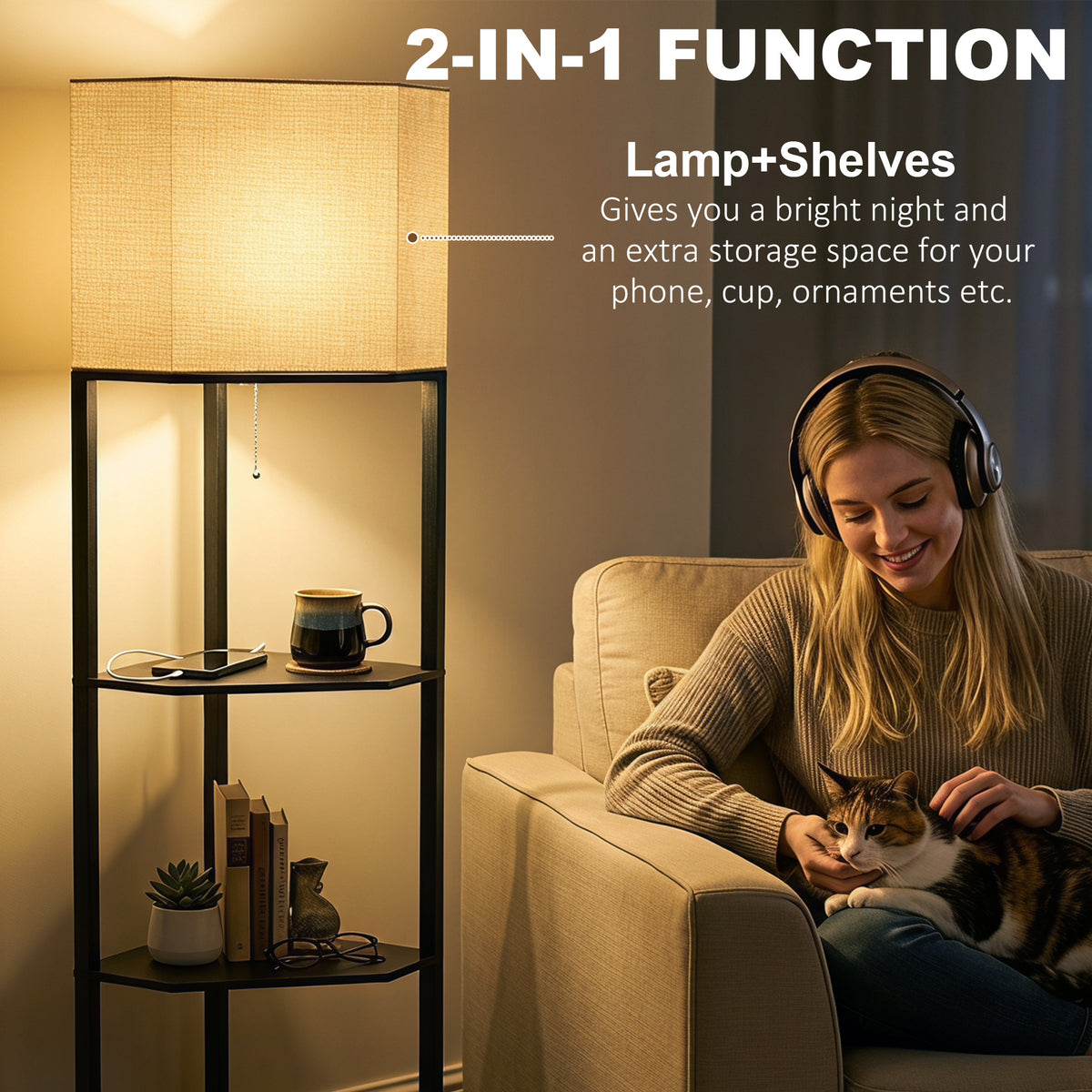 Corner Design Floor Lamp with Shelves and Pull Chain Switch