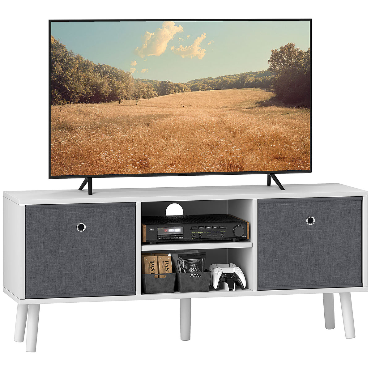 White and Grey TV Stand with 2 Drawers and 2 Shelves