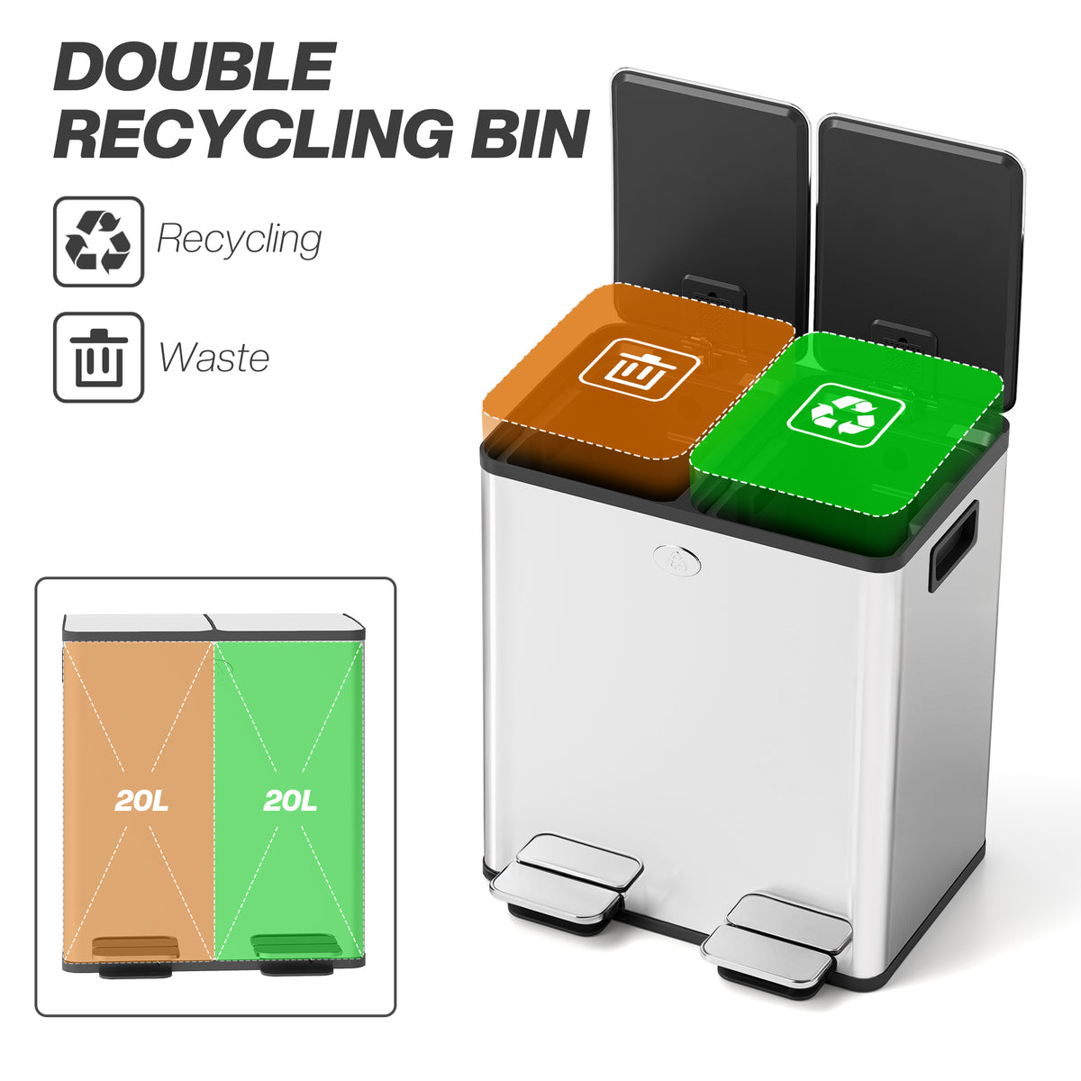 Dual Compartment Recycling Bin with Deodoriser Holders - Silver (Alt)