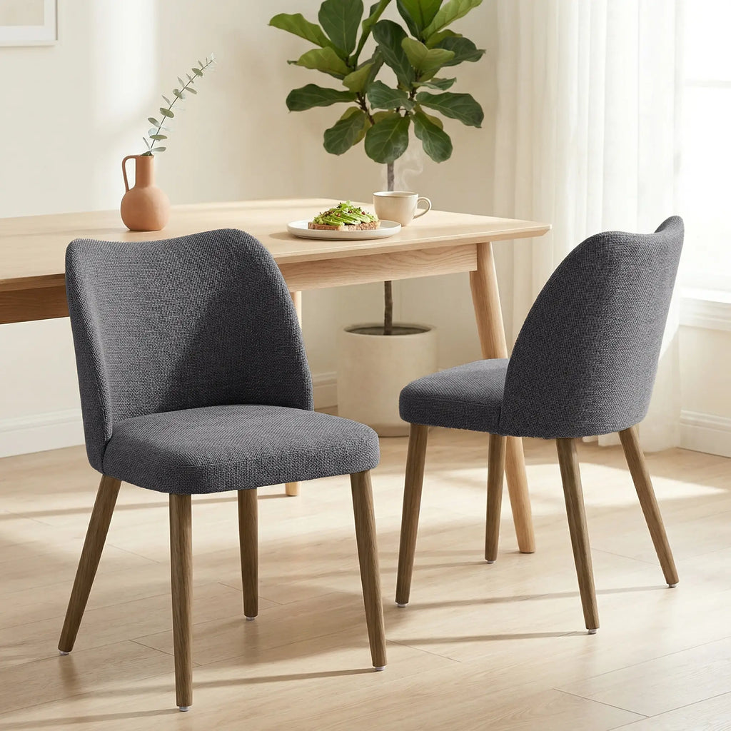 Linen Upholstered Dining Chairs Set of 2 with Curved Backrest Dark Grey