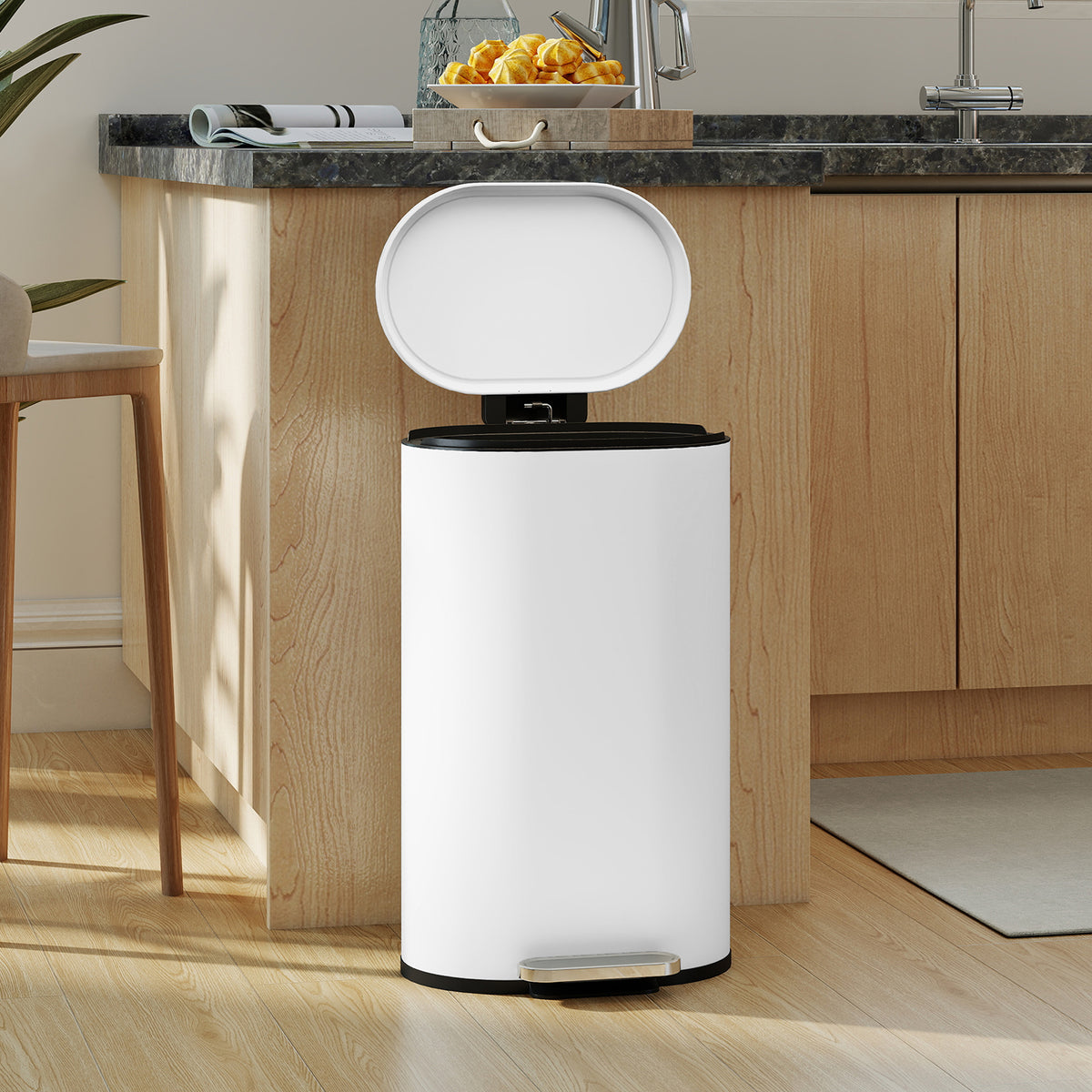 Slim Curved Pedal Kitchen Bin with Soft-Close Lid - White