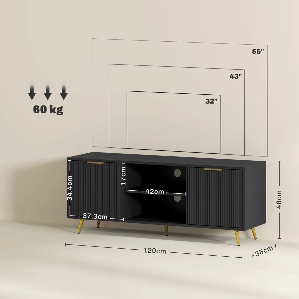Beadboard TV Stand with 2 Cabinets and Open Shelves