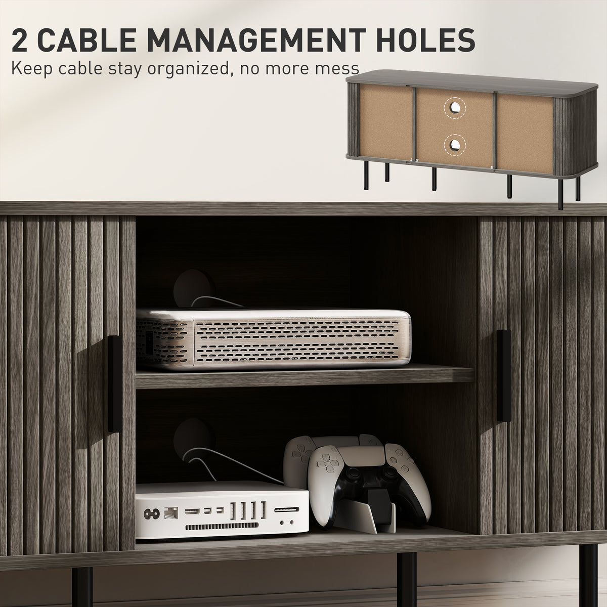Grey TV Stand Cabinet with Slatted Tambour Doors