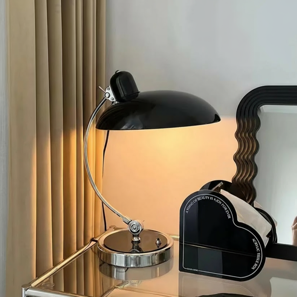 ScandiArc Table Lamp with Bauhaus-Inspired Curved Metal Design
