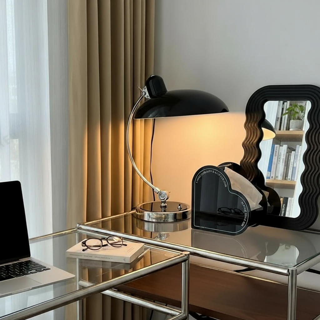 ScandiArc Table Lamp with Bauhaus-Inspired Curved Metal Design