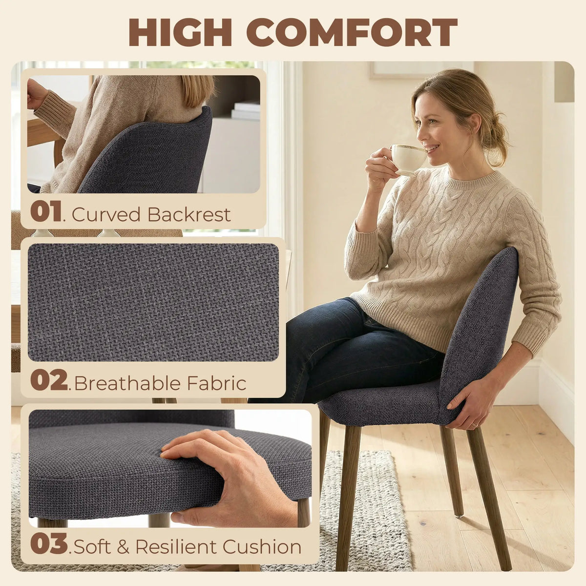 Linen Upholstered Dining Chairs Set of 2 with Curved Backrest Dark Grey