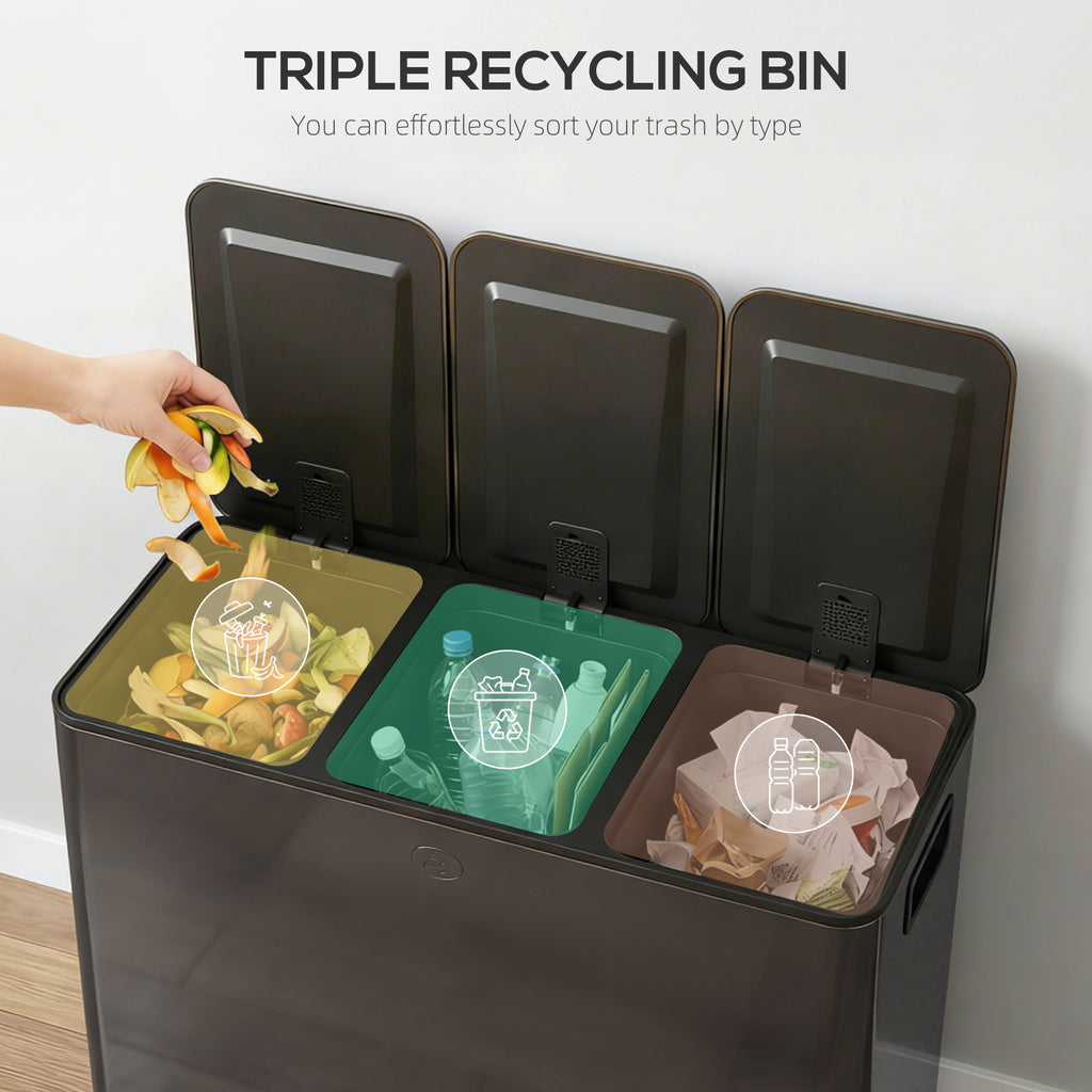 Triple Compartment Pedal Bin with Soft-Close Lid - Black