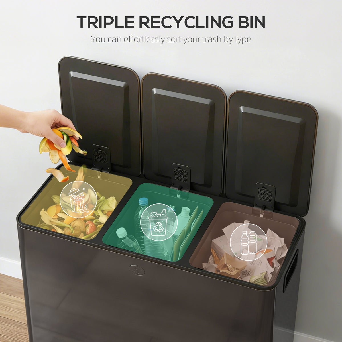 Triple Compartment Pedal Bin with Soft-Close Lid - Black