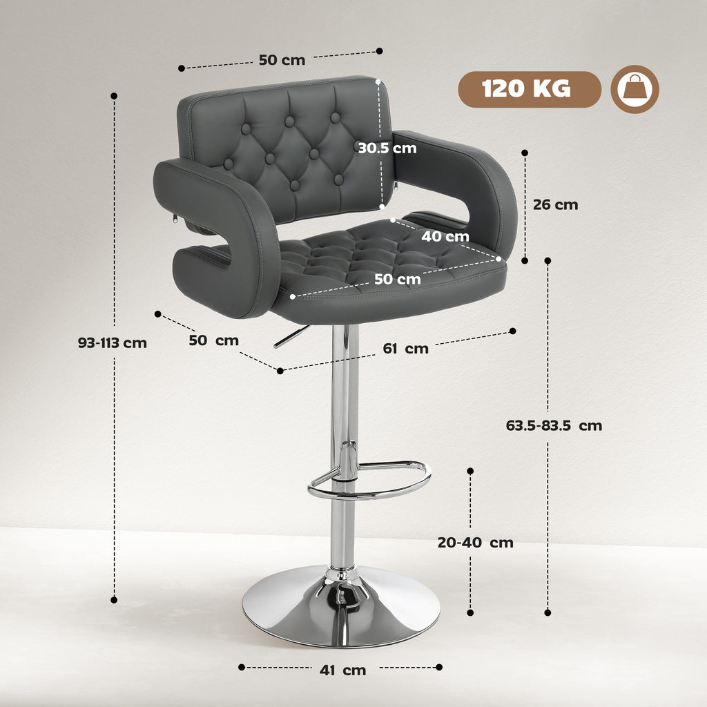 PU Leather Swivel Bar Stool with Backrest and Footrest - Grey