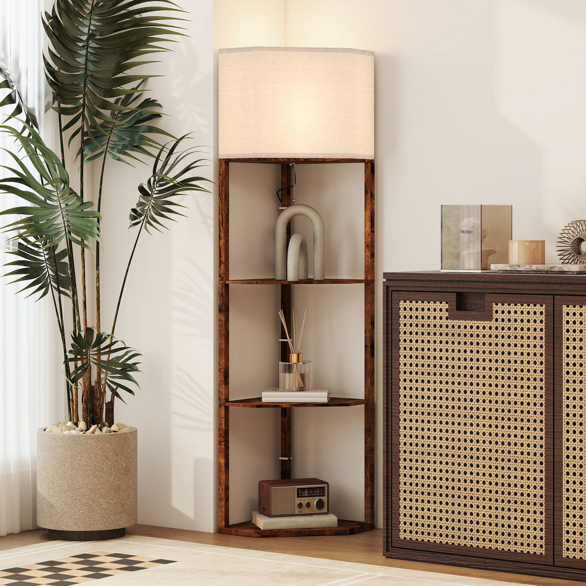 Corner Design Floor Lamp with Shelves and Pull Chain Switch