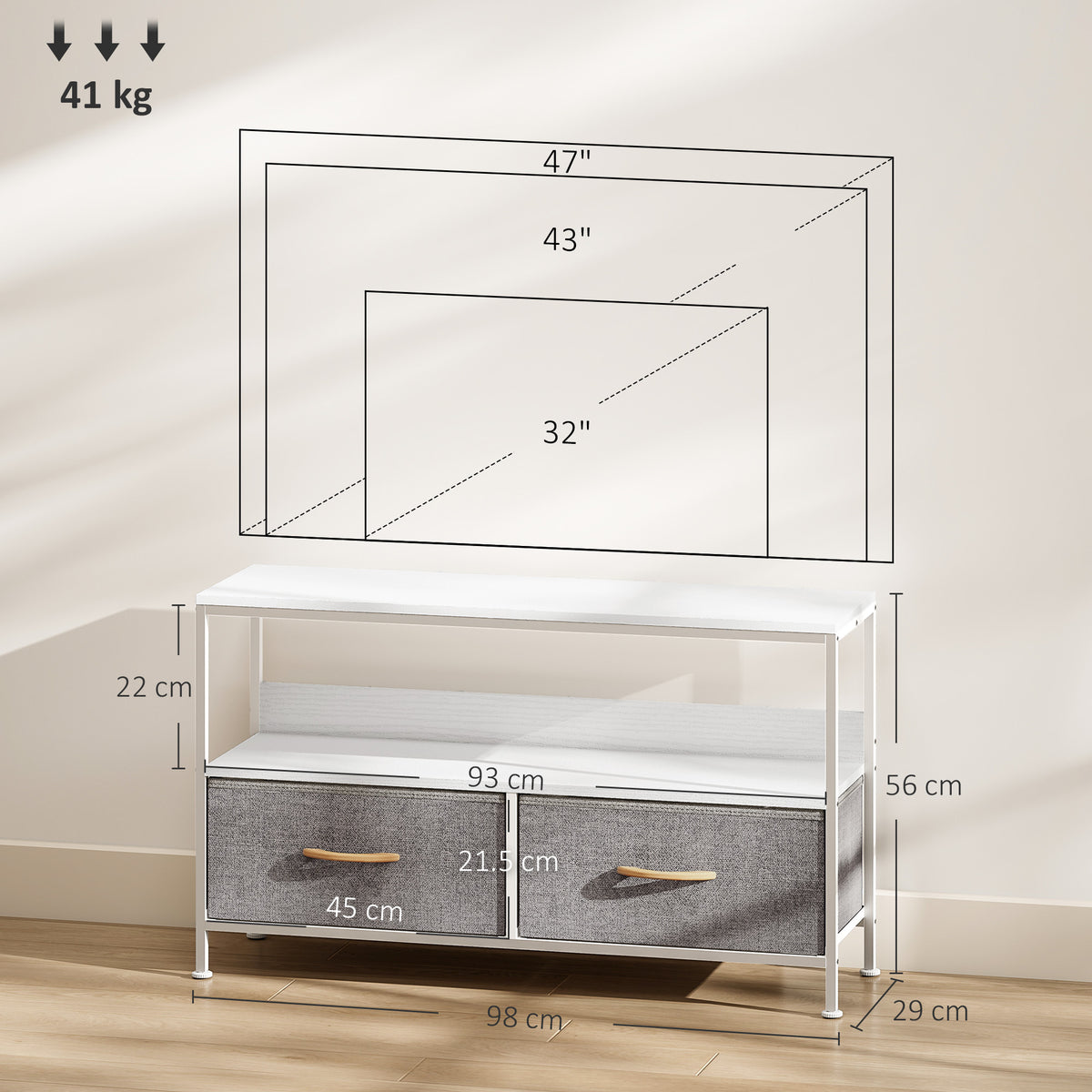 and Black TV Cabinet with Foldable Linen Drawers - White