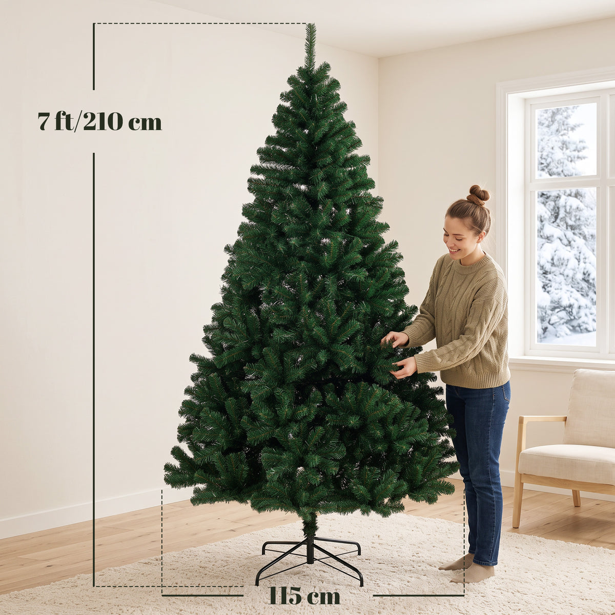 7ft Hinged Fir Christmas Tree with Foldable Steel Stand Green