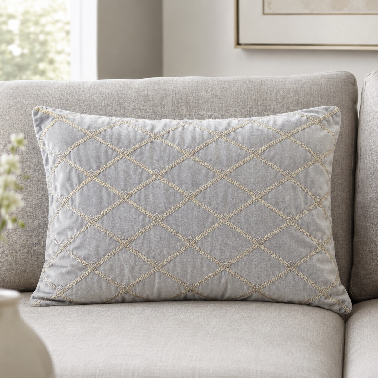 Silver Velvet Oblong Decorative Pillow