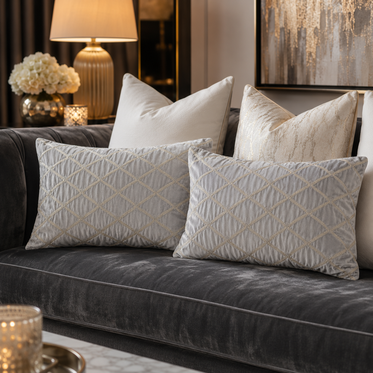 Silver Velvet Oblong Decorative Pillow