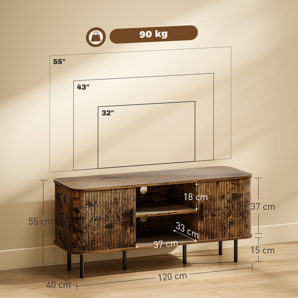 TV Stand Cabinet with Slatted Tambour Doors - Rustic Brown