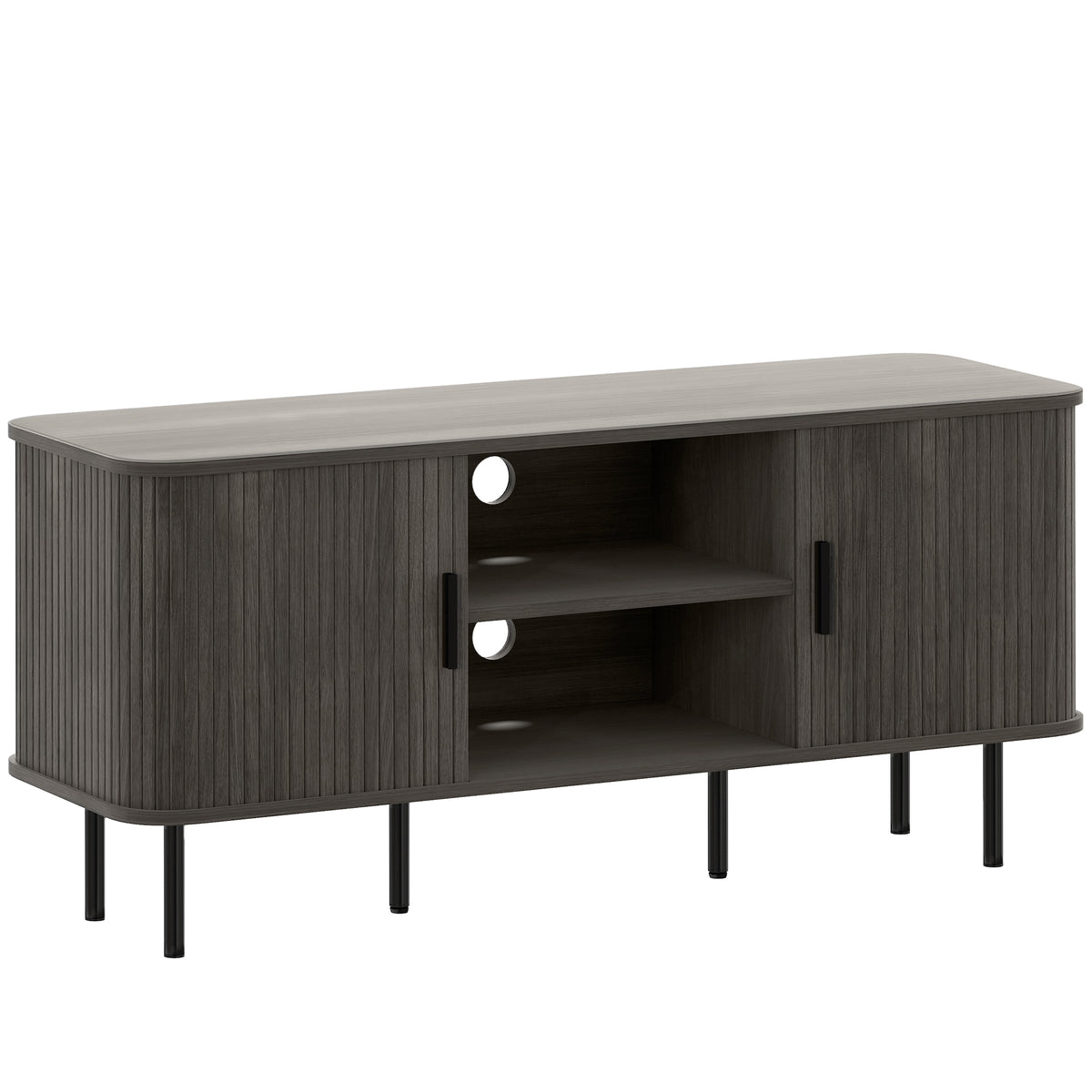 Grey TV Stand Cabinet with Slatted Tambour Doors