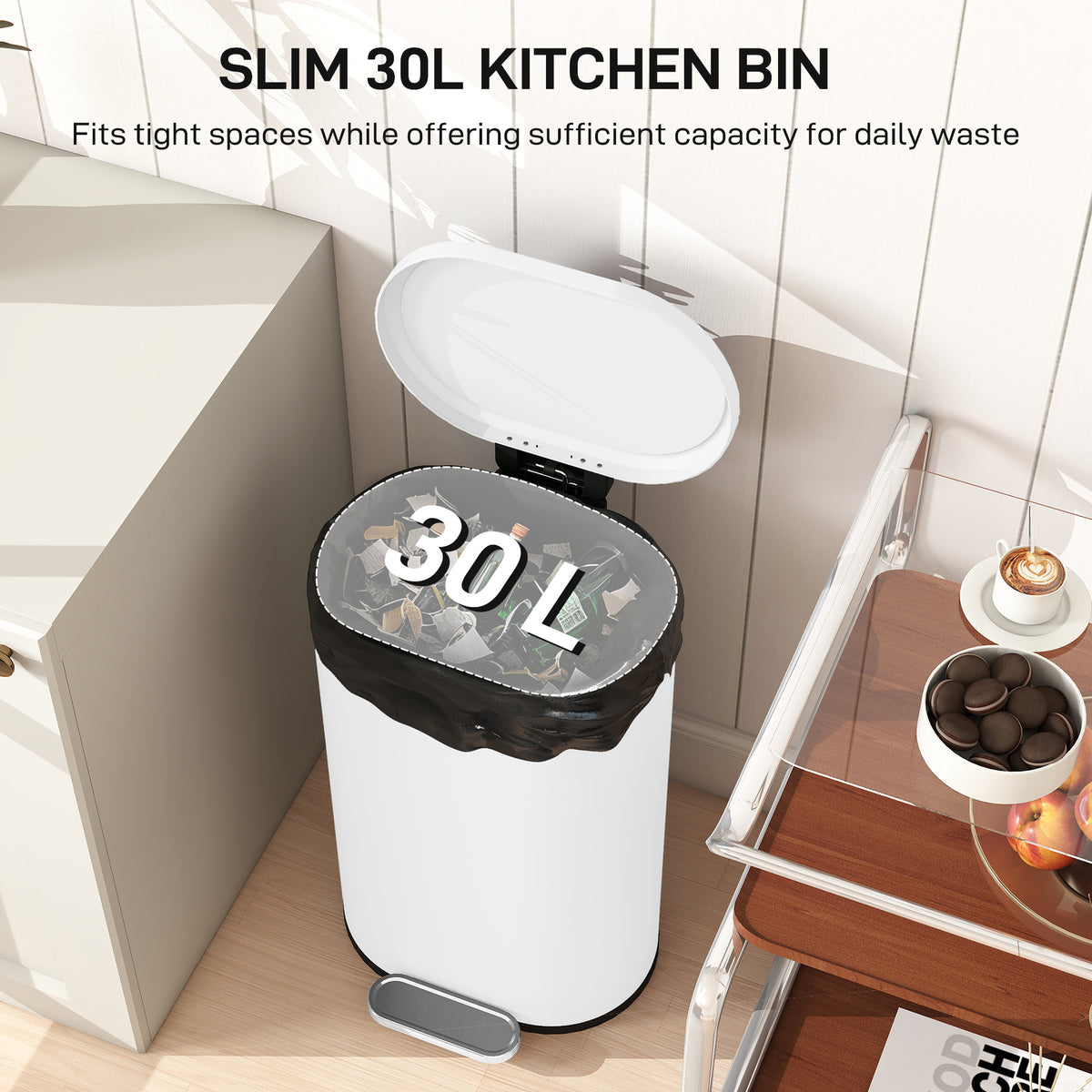 Slim Curved Pedal Kitchen Bin with Soft-Close Lid - White