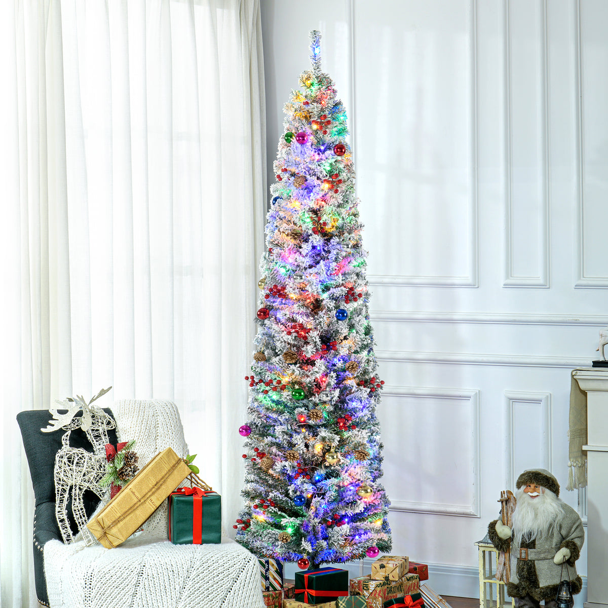 7 Foot Artificial Prelit Christmas Tree with Colourful LED Lights Berries and Pine Cones