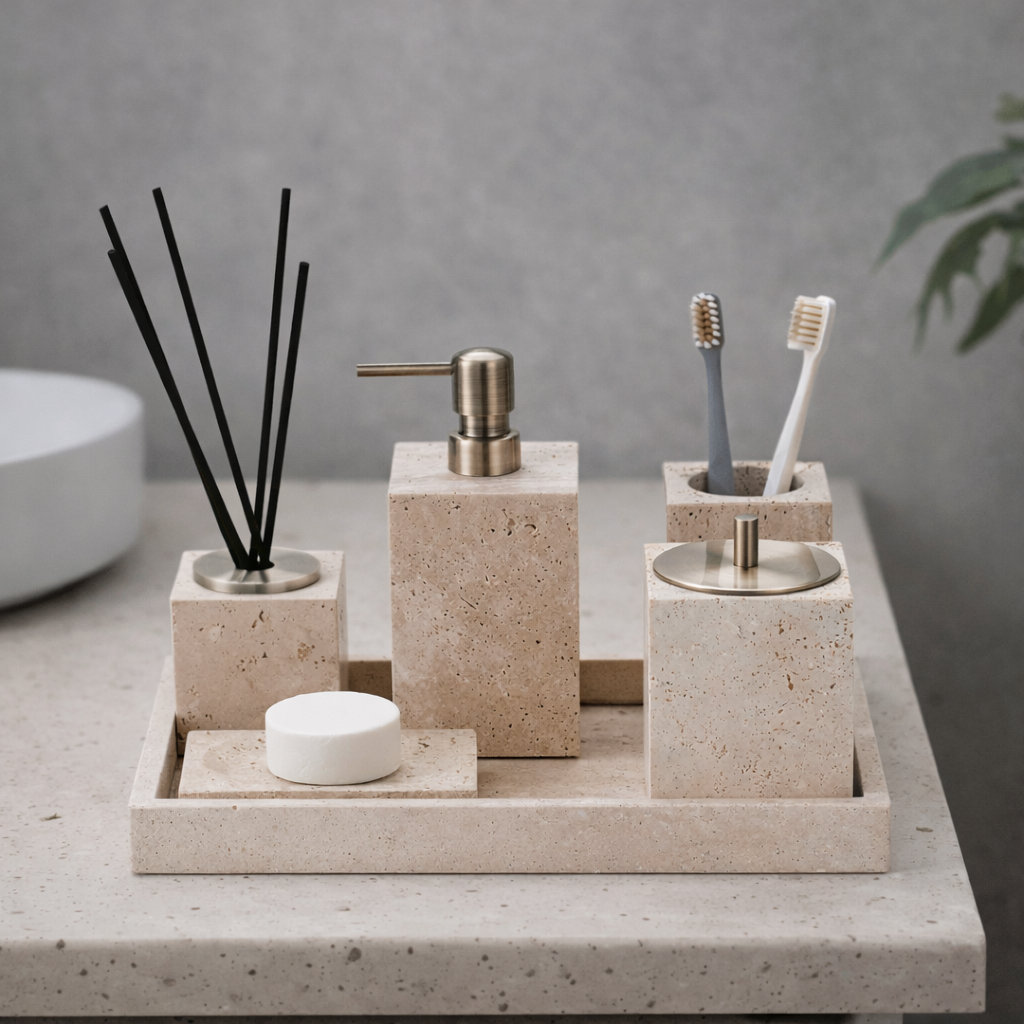 Golden Travertine Stone Bath Accessory Set