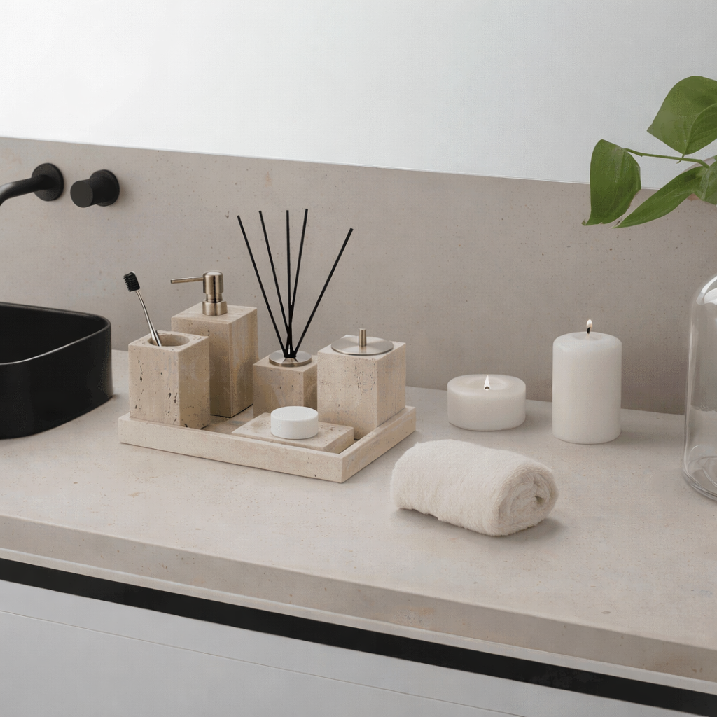 Golden Travertine Stone Bath Accessory Set