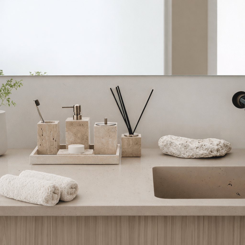 Golden Travertine Stone Bath Accessory Set