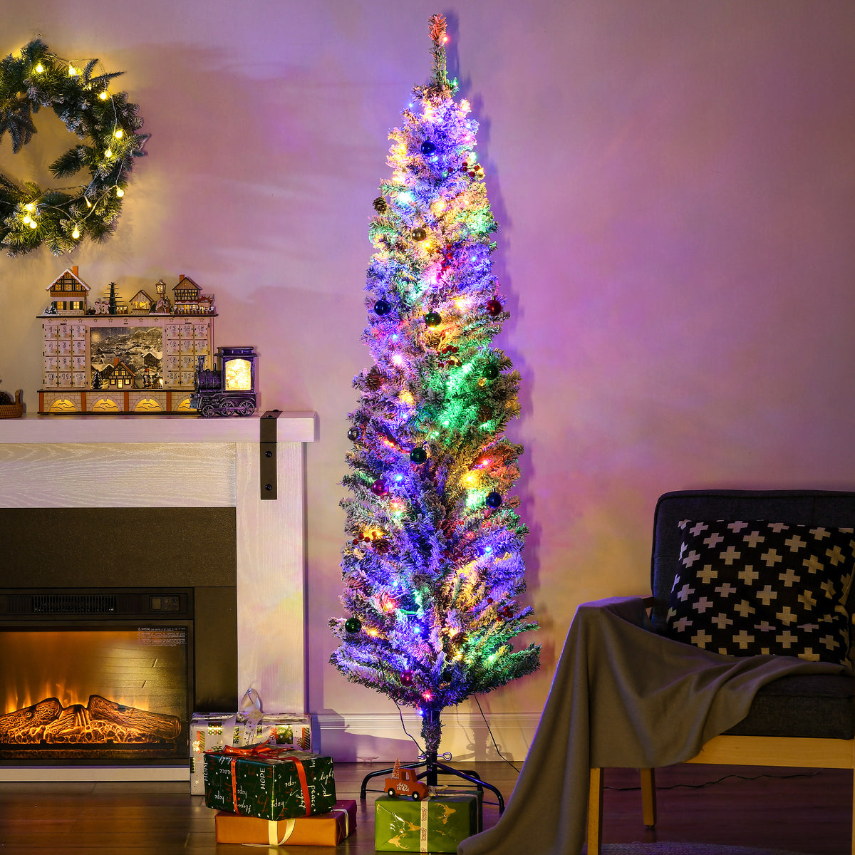 6ft Pre-Lit Snow Flocked Christmas Tree with LED Lights Green