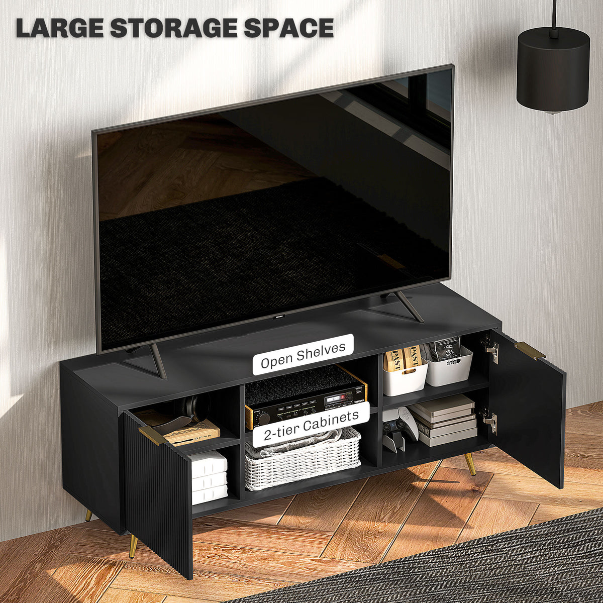 Black Beadboard TV Stand with 2 Cabinets and Open Shelves