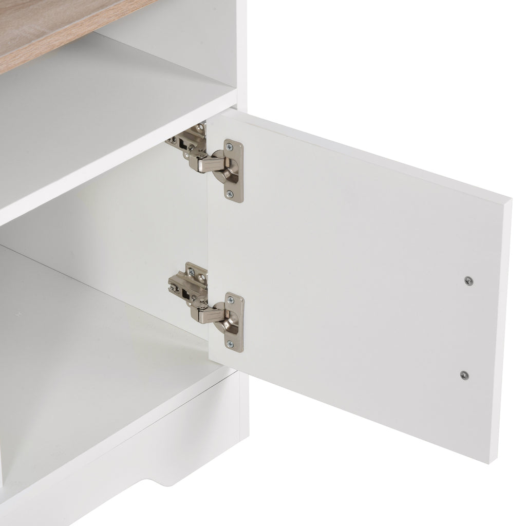 White and Wood TV Stand with Cabinets and Open Shelf